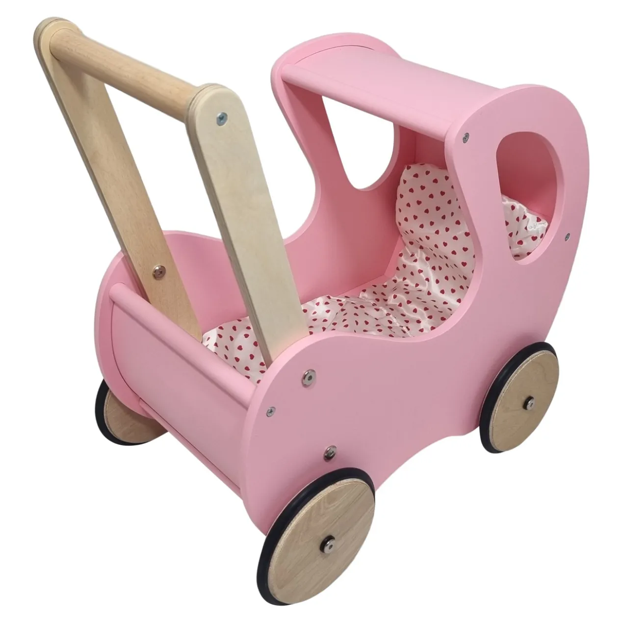 Poppenwagen Hout roze met kap - incl dekje wit roze met hart