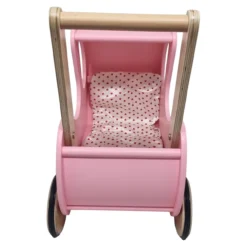 Poppenwagen Hout roze met kap - incl dekje wit roze met hart