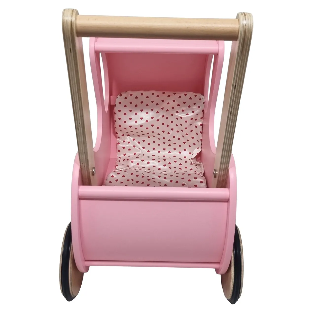 Poppenwagen Hout roze met kap - incl dekje wit roze met hart