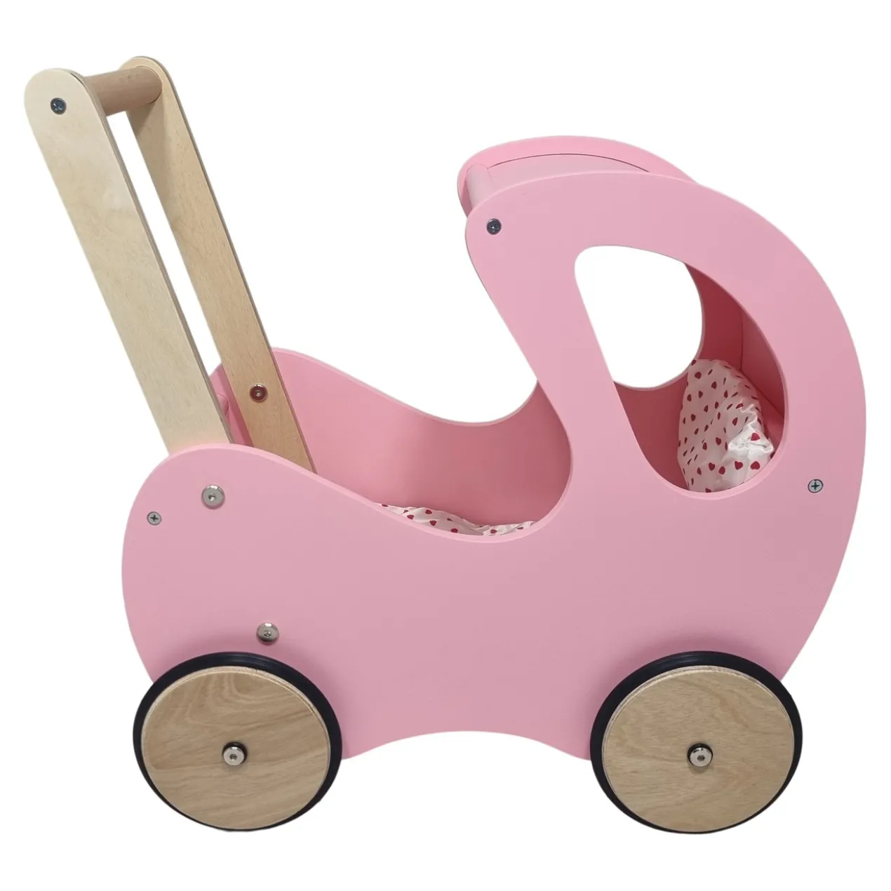 Poppenwagen Hout roze met kap - incl dekje wit roze met hart