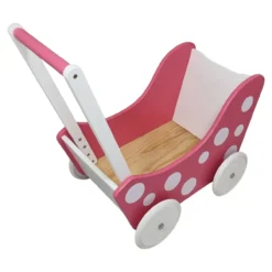Poppenwagen Hout roze met stippen en witte vlakken
