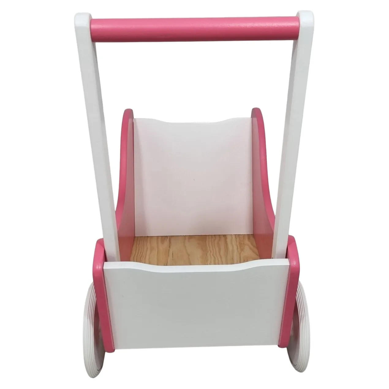 Poppenwagen Hout roze met stippen en witte vlakken