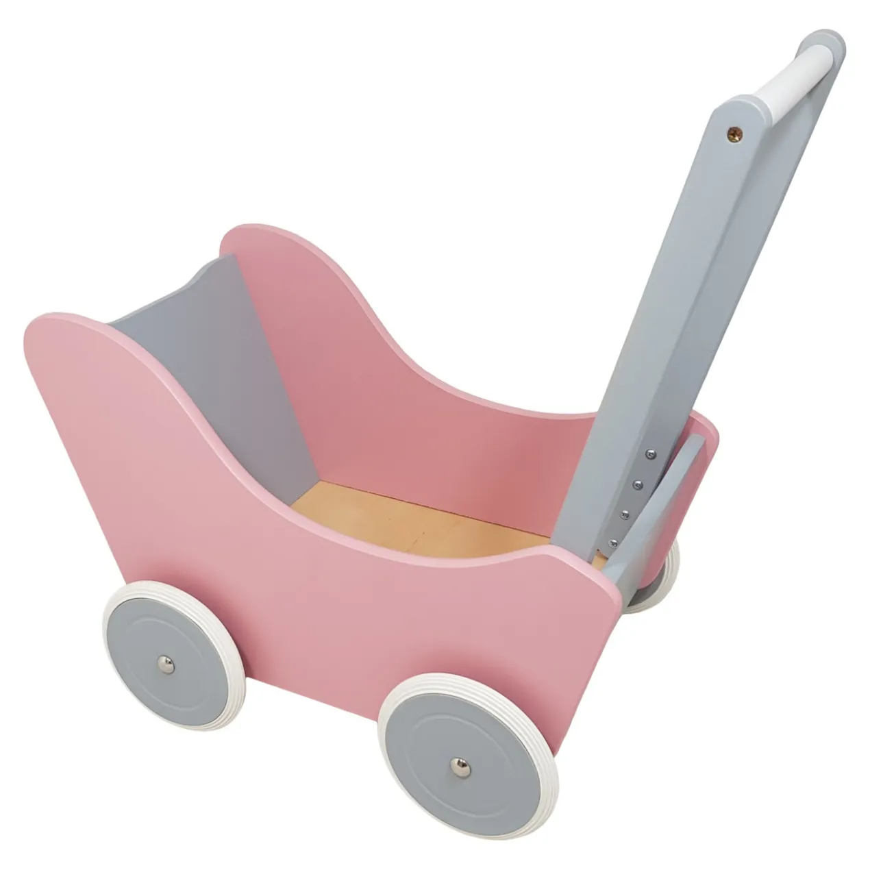 Poppenwagen Hout roze zilver zonder kap