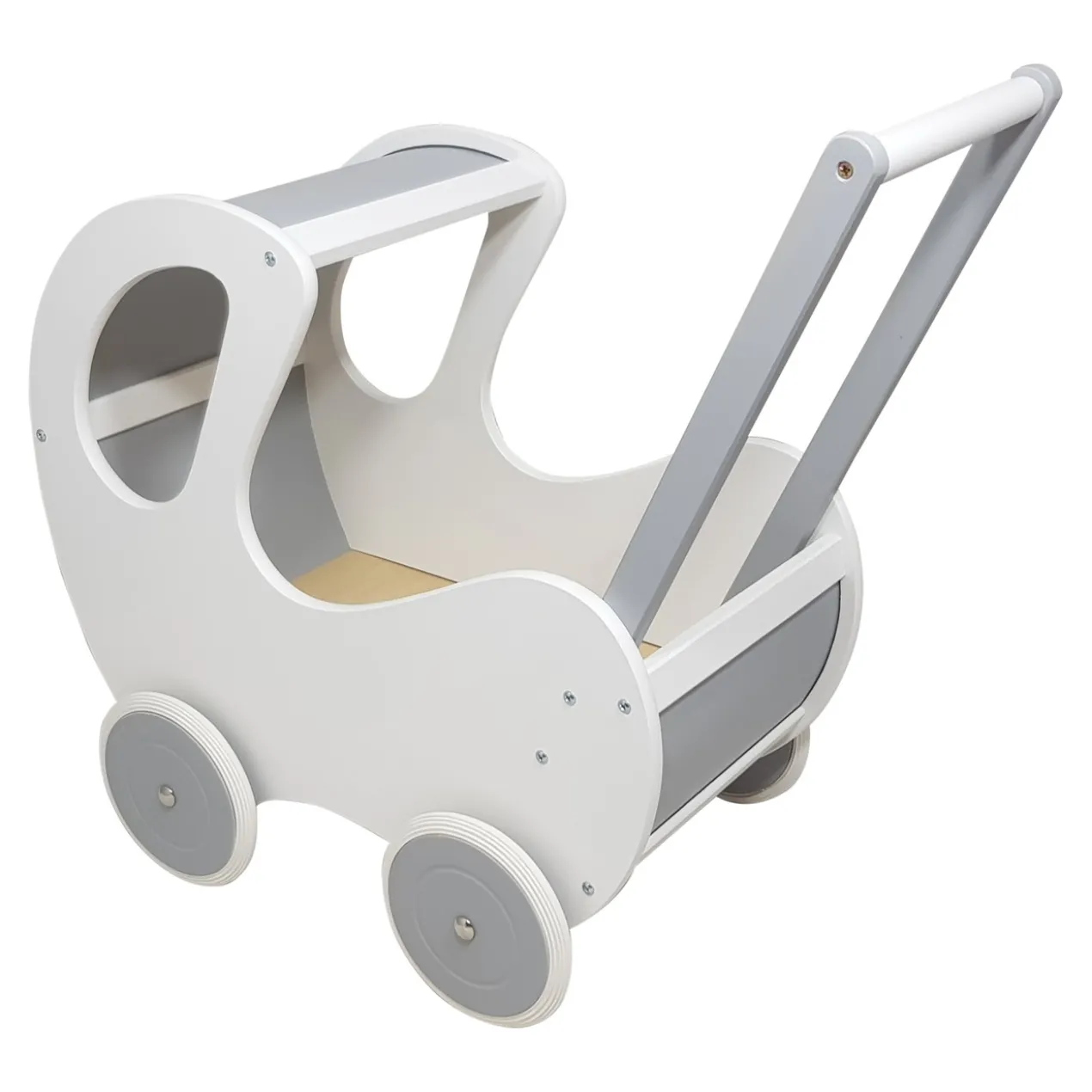 Poppenwagen Hout wit zilver klassiek met kap