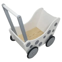 Poppenwagen Hout wit zilver met stippen zwart rubber