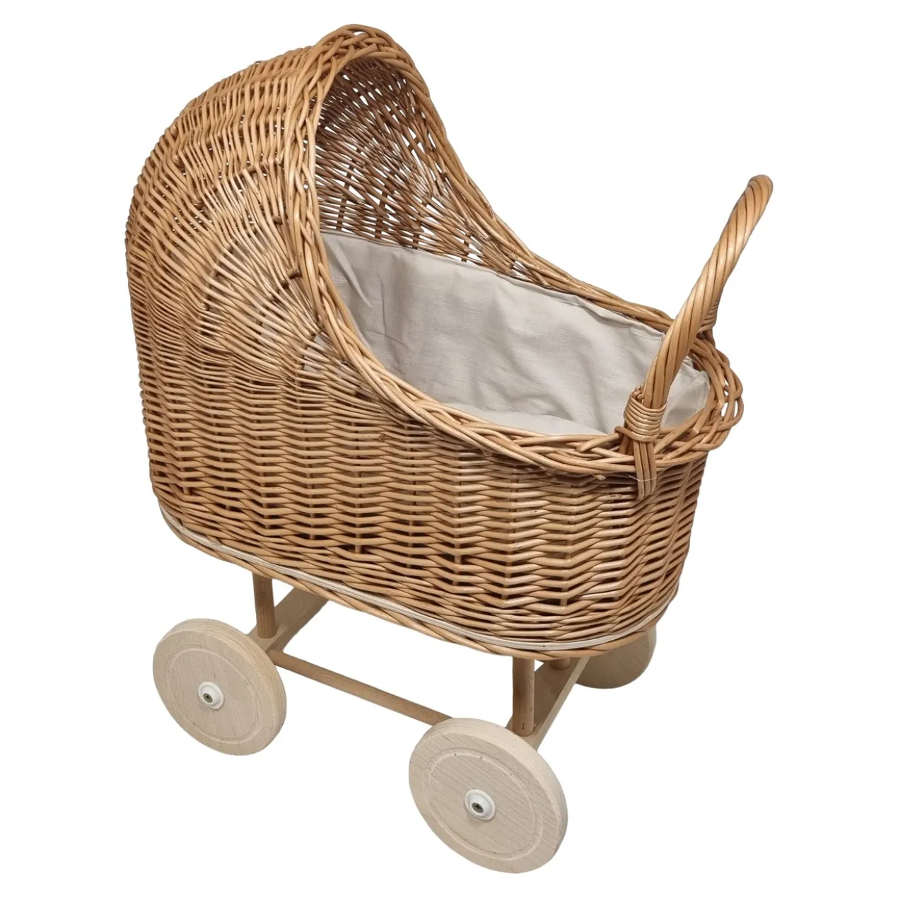 Poppenwagen Riet Crème beige bekleding met kussentjes