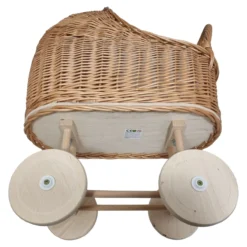 Poppenwagen Riet Crème beige bekleding met kussentjes