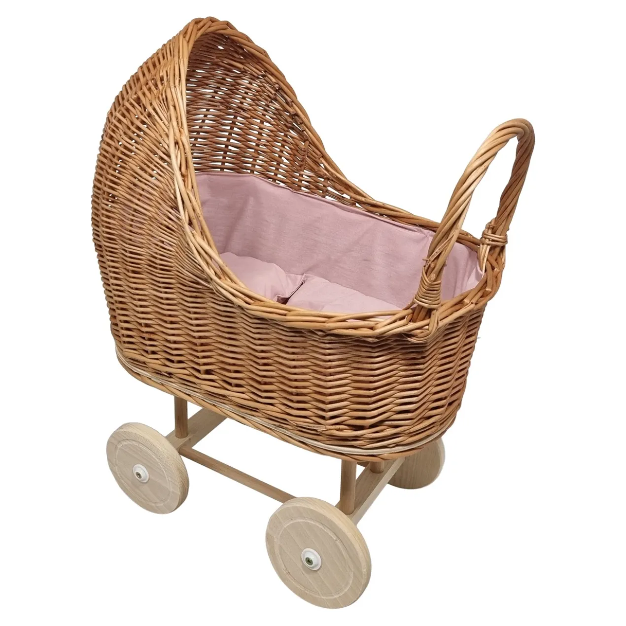 Poppenwagen Riet roze roze bekleding met kussentjes