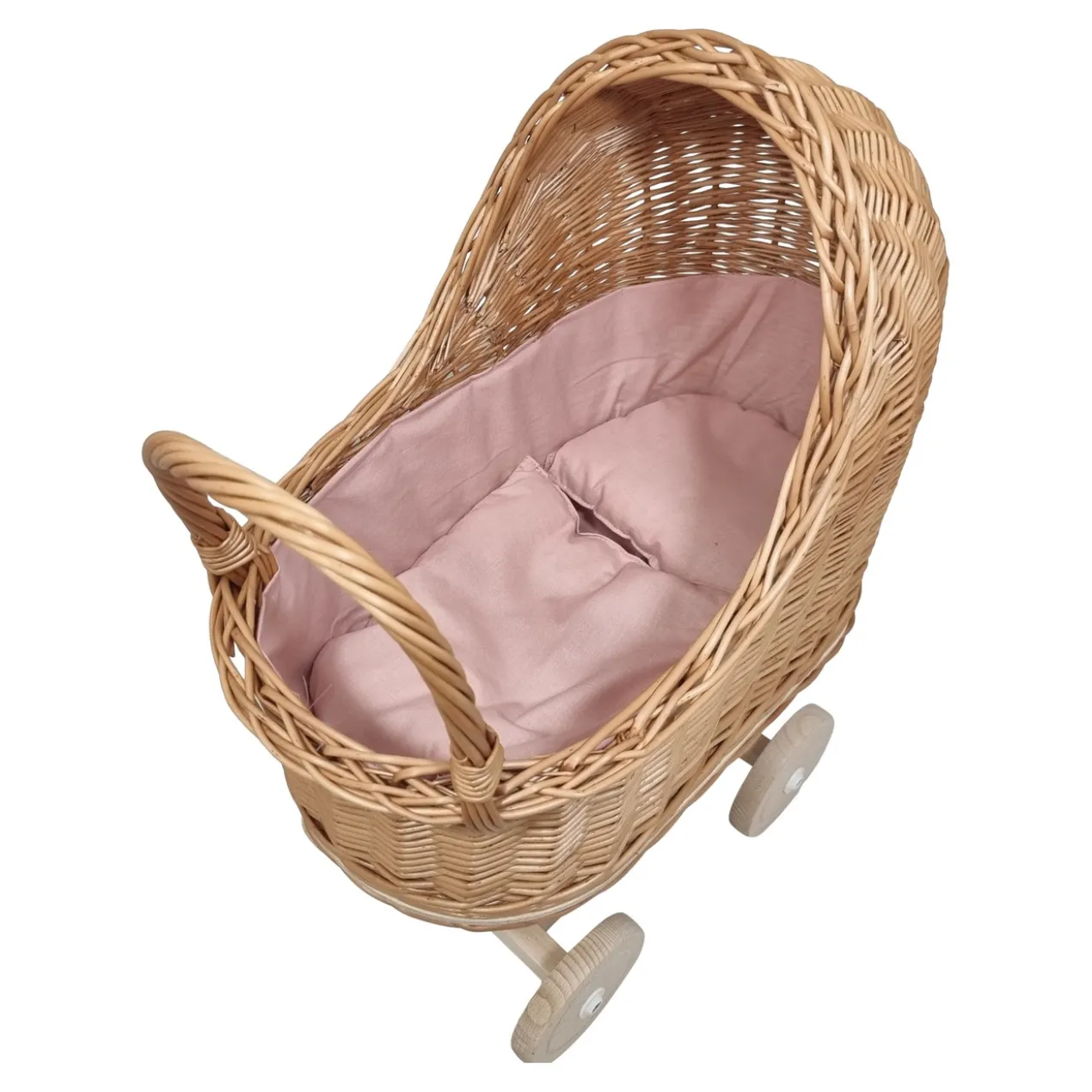 Poppenwagen Riet roze roze bekleding met kussentjes