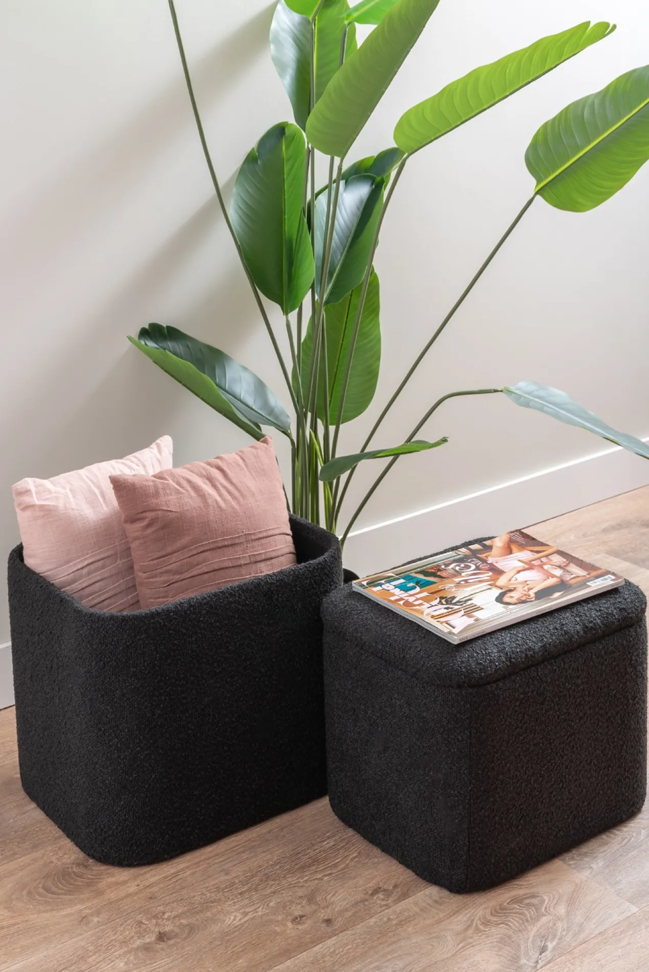Pouf set Ada storage bouclé black, set of 2pcs