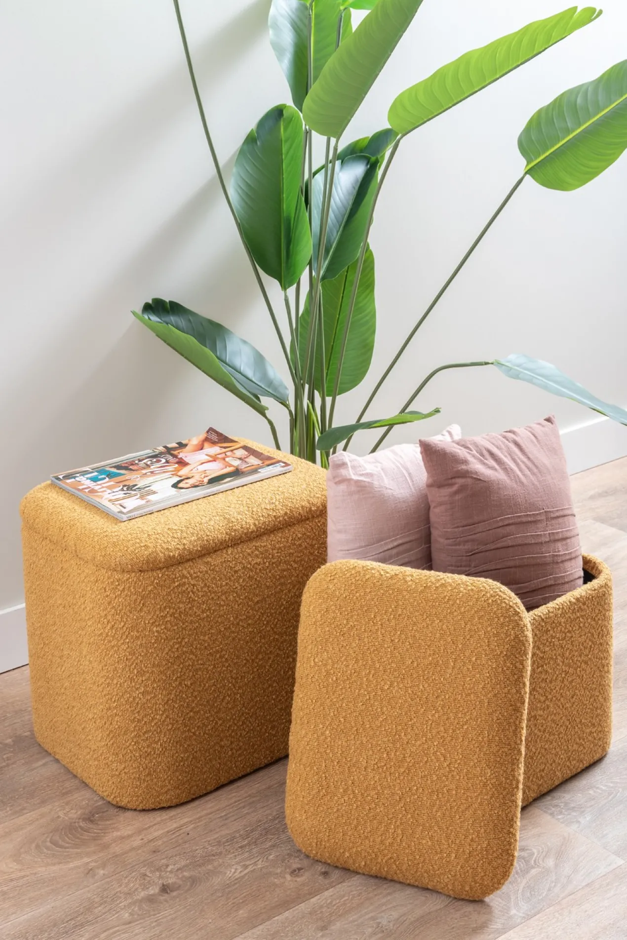 Pouf set Ada storage bouclé ochre yellow, set of 2pcs