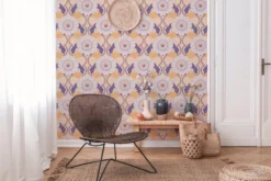 Retro bloemmotief behang- beige, geel, paars Retro bloemenbehang - beige, geel, paars #1