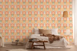 Retro vliesbehang met golven en bloemmotieven – oranje, geel, groen #1