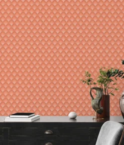 Retro vliesbehang met schubbenpatroon in warme kleuren – oranje, rood, roze #1