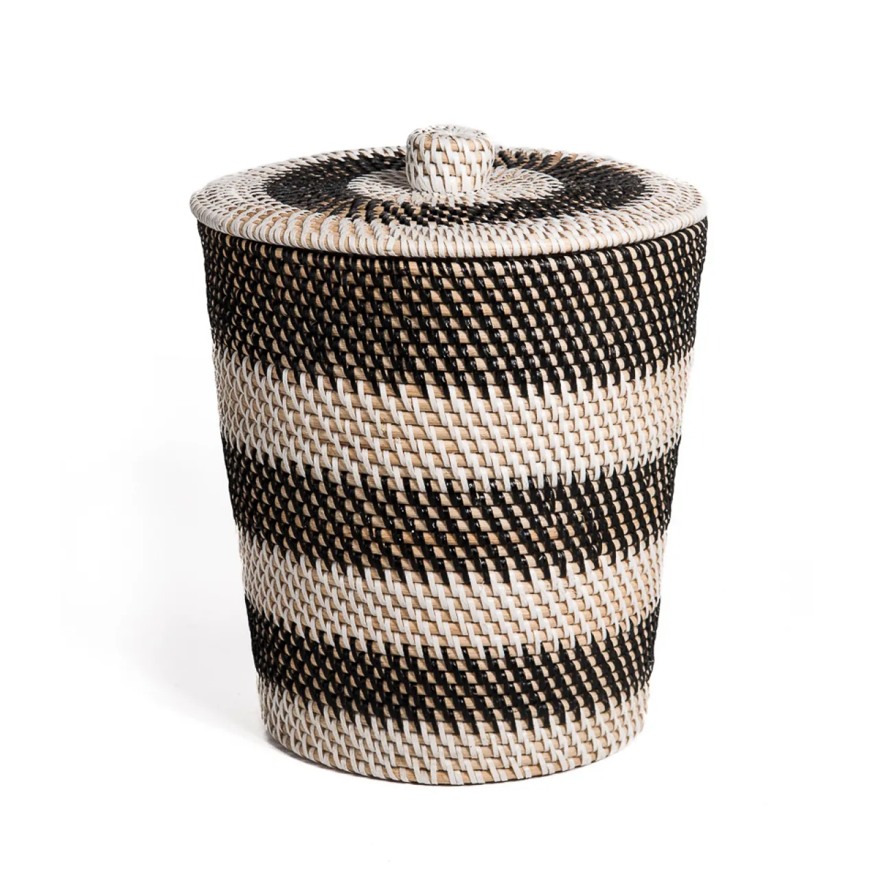 Rotan prullenbak met deksel wit/zwart