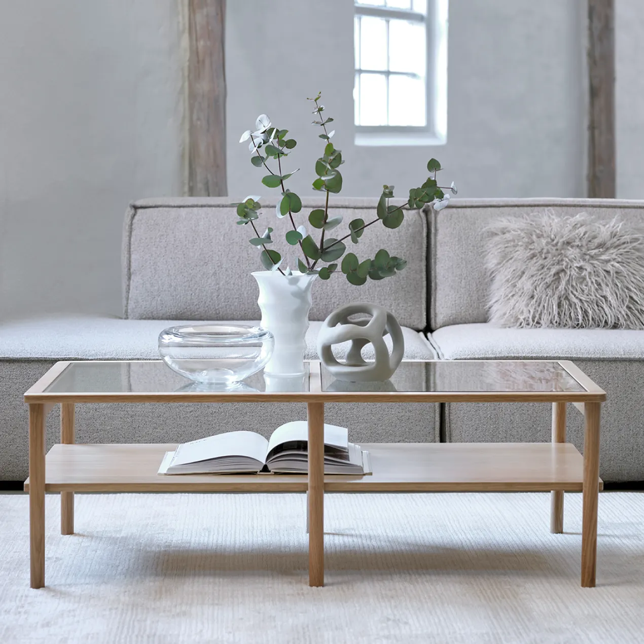 Salontafel Boris eikenhout met glazen tafelblad Naturel