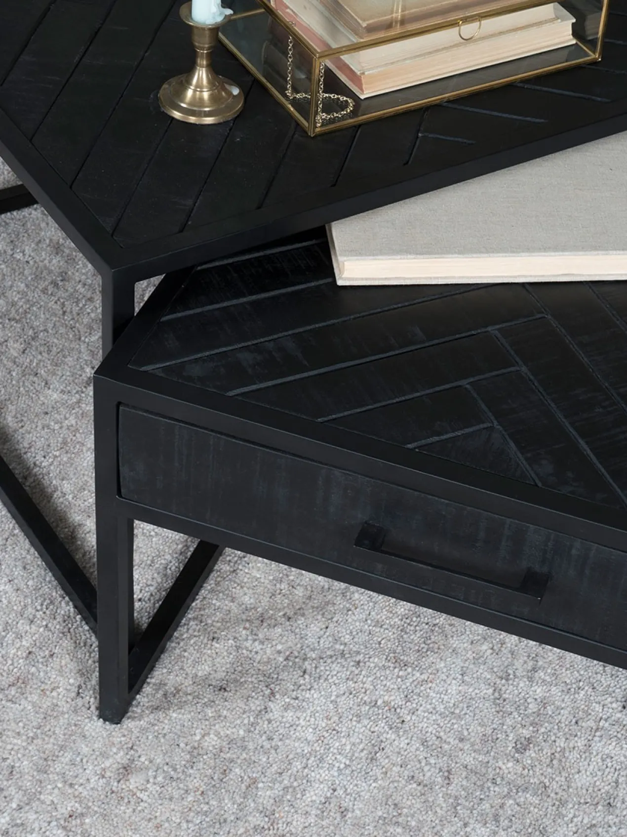 Salontafel Ruby visgraat zwart mangohout – set van 2