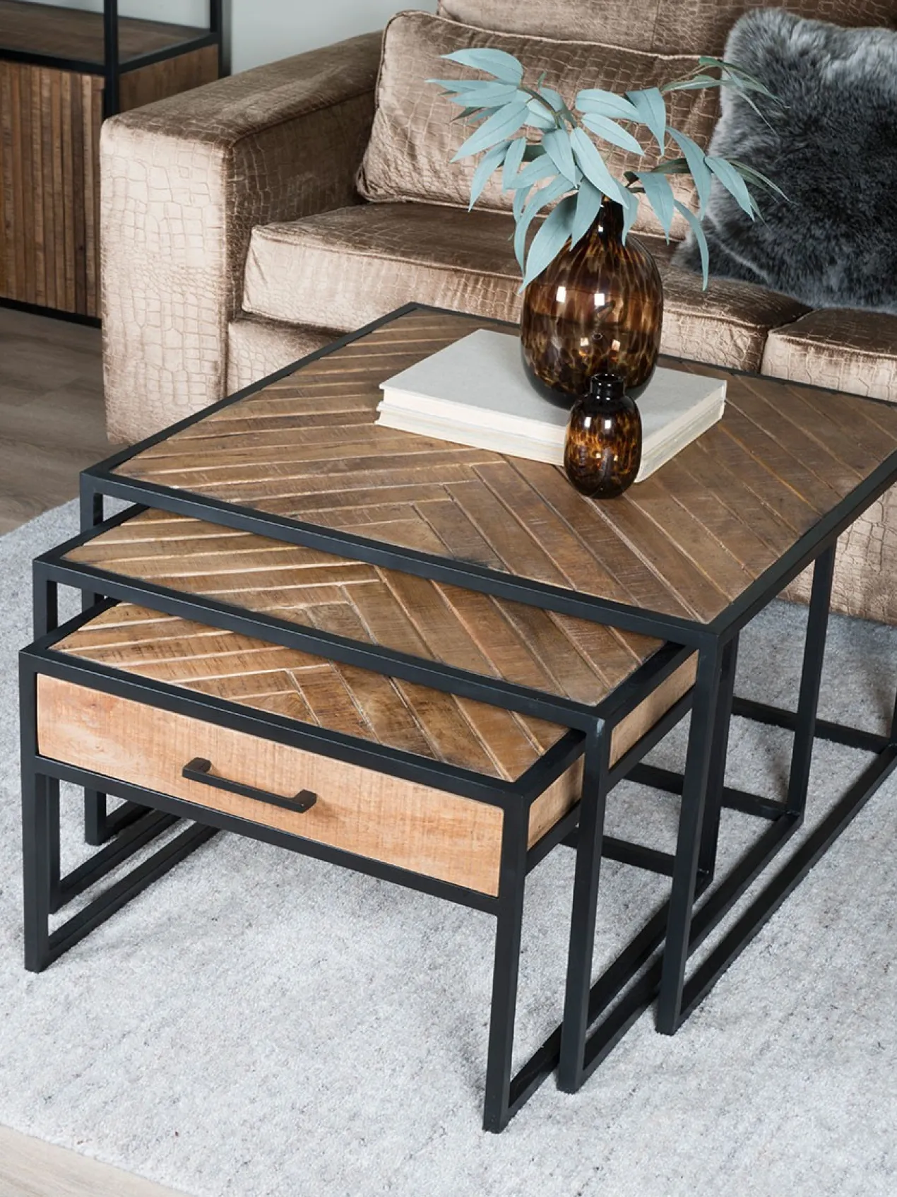 Salontafel Ruby visgraat zwart mangohout – set van 2