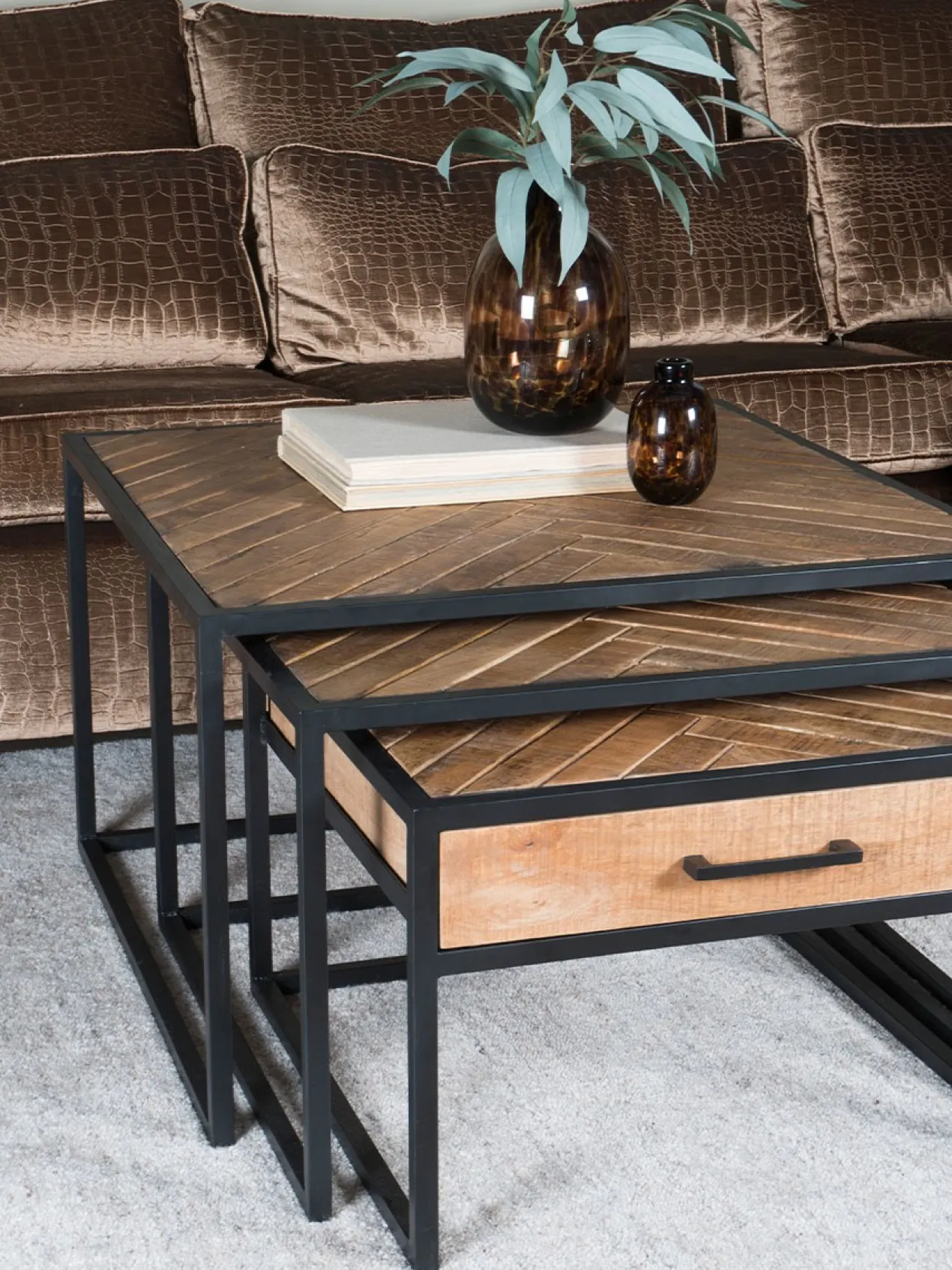 Salontafel Ruby visgraat zwart mangohout – set van 2