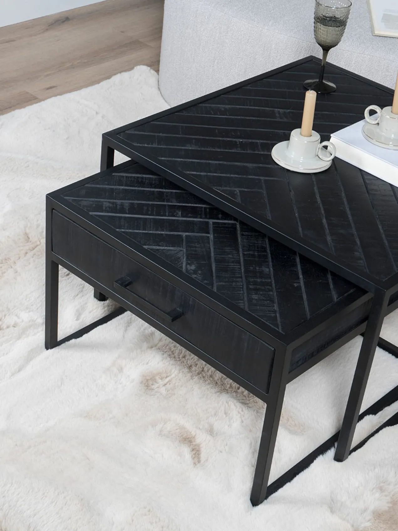 Salontafel Ruby visgraat zwart mangohout – set van 2