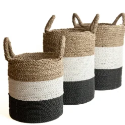 Seagrass gevlochten mand naturel/wit/zwart M