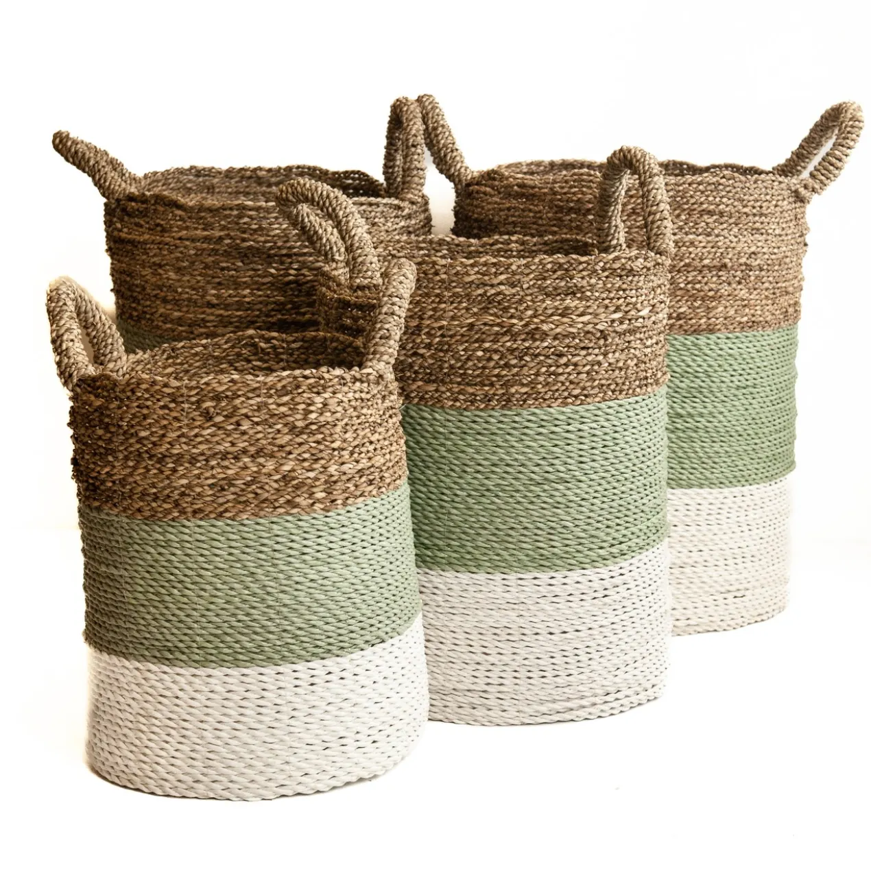Seagrass gevlochten mand natural/groen-grijs/wit XL