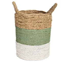Seagrass gevlochten mand natural/groen-grijs/wit XL