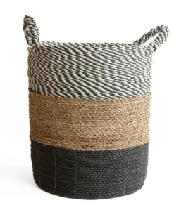 Seagrass gevlochten mand zwart-wit/natural/zwart M