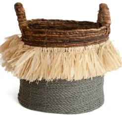 Seagrass waterhyacint mand met raffia natural/grijs S