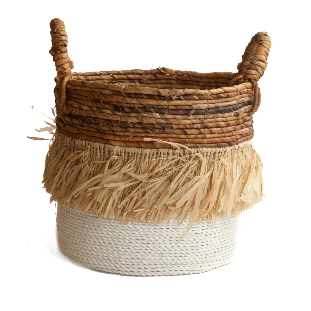Seagrass waterhyacint mand met raffia natural/wit S