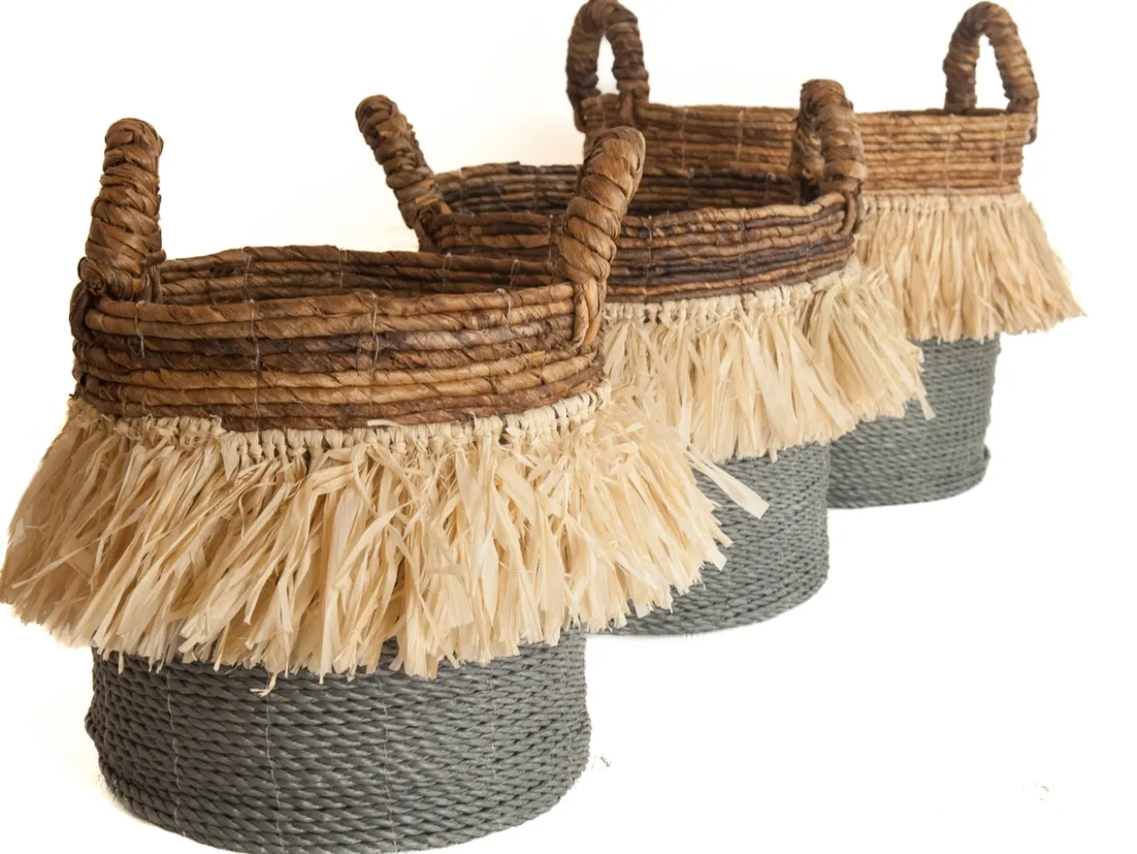 Seagrass waterhyacint mand met raffia naturel/grijs L