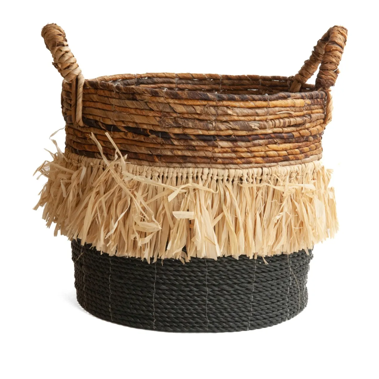Seagrass waterhyacint mand met raffia natural/zwart L