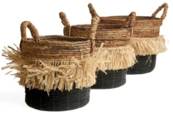 Seagrass waterhyacint mand met raffia natural/zwart L