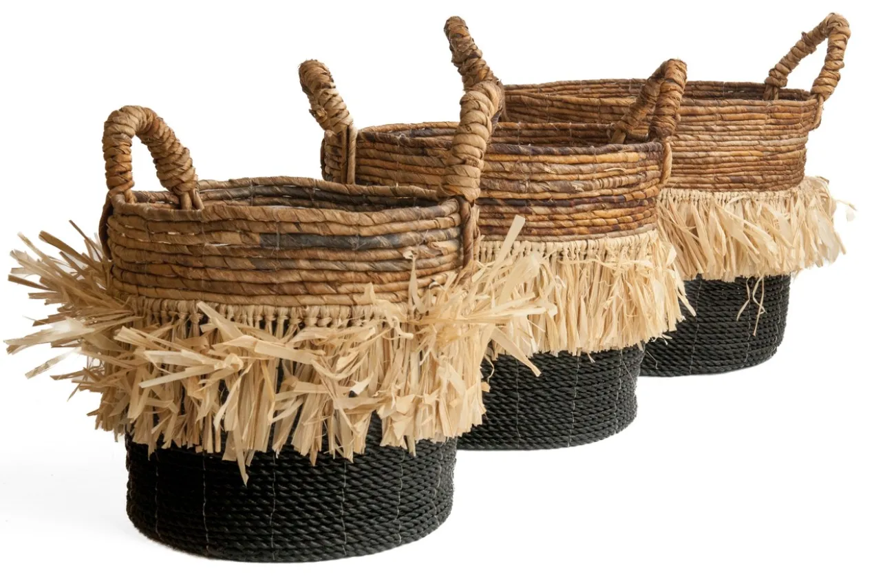 Seagrass waterhyacint mand met raffia natural/zwart L