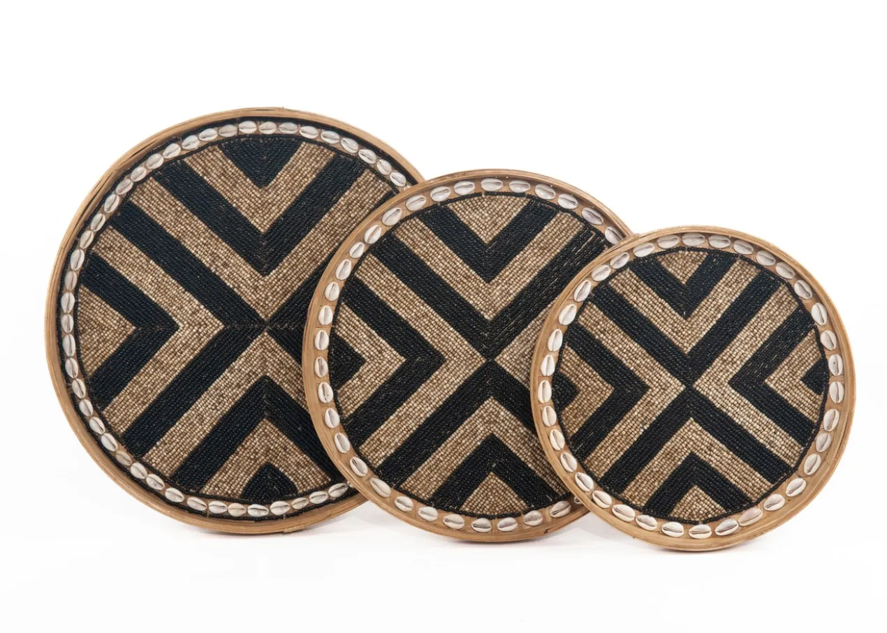 Set bamboe kraaltjes dienblad / wanddecoratie zwart/naturel