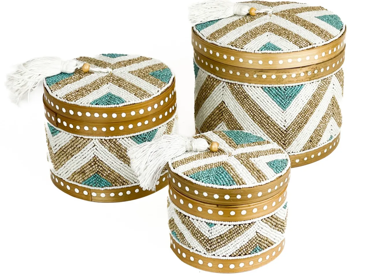 Set bamboe offermanden kraaltjes rond wit/goud/turquoise