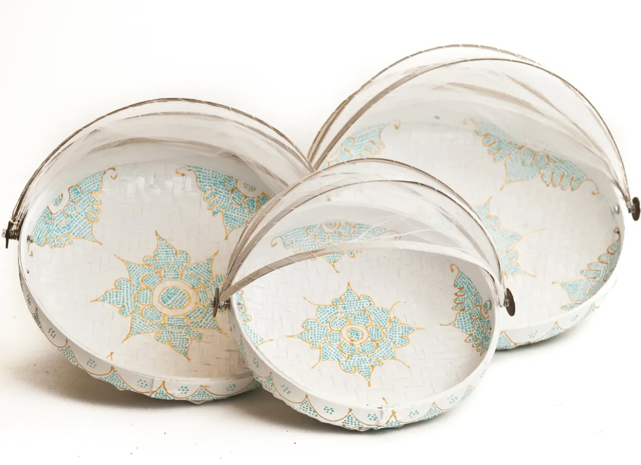 Set bamboe vliegenmanden - wit + turquoise/goud