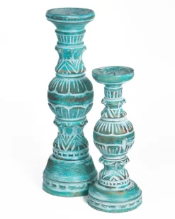 Set houten kandelaren Tangan turquoise