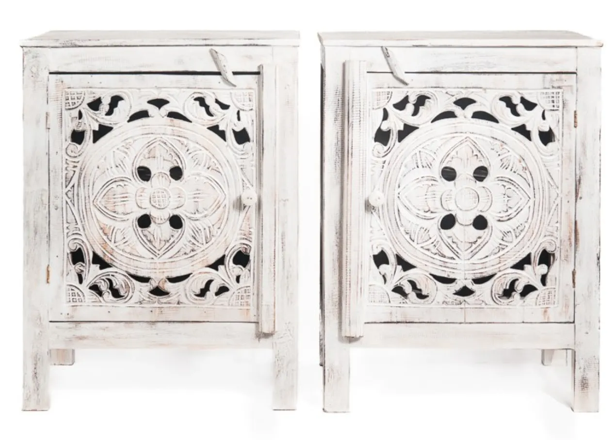 Set houten nachtkastjes Mandala whitewash