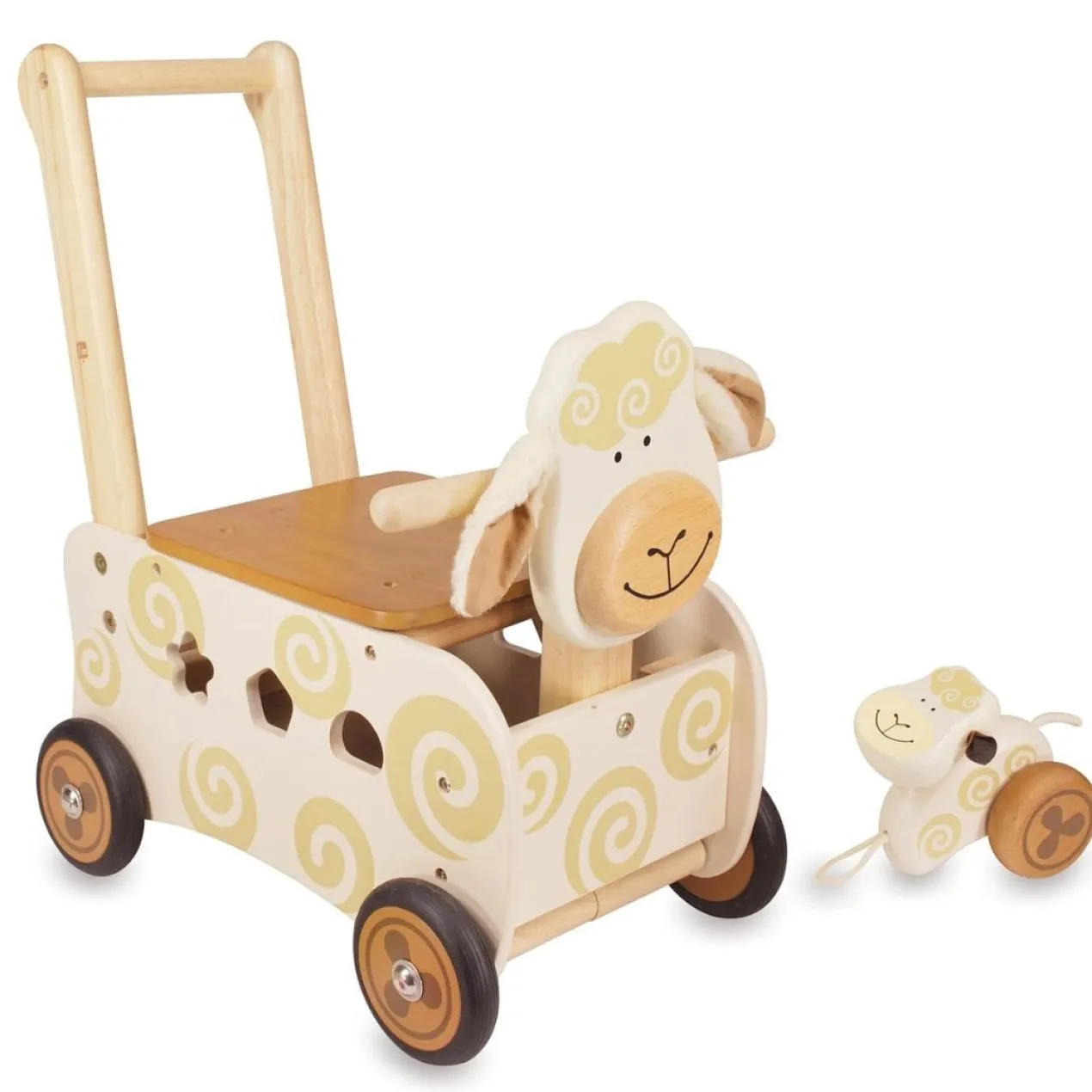 Speelgoed Duwwagen Schaap bruin/beige met trekfiguur
