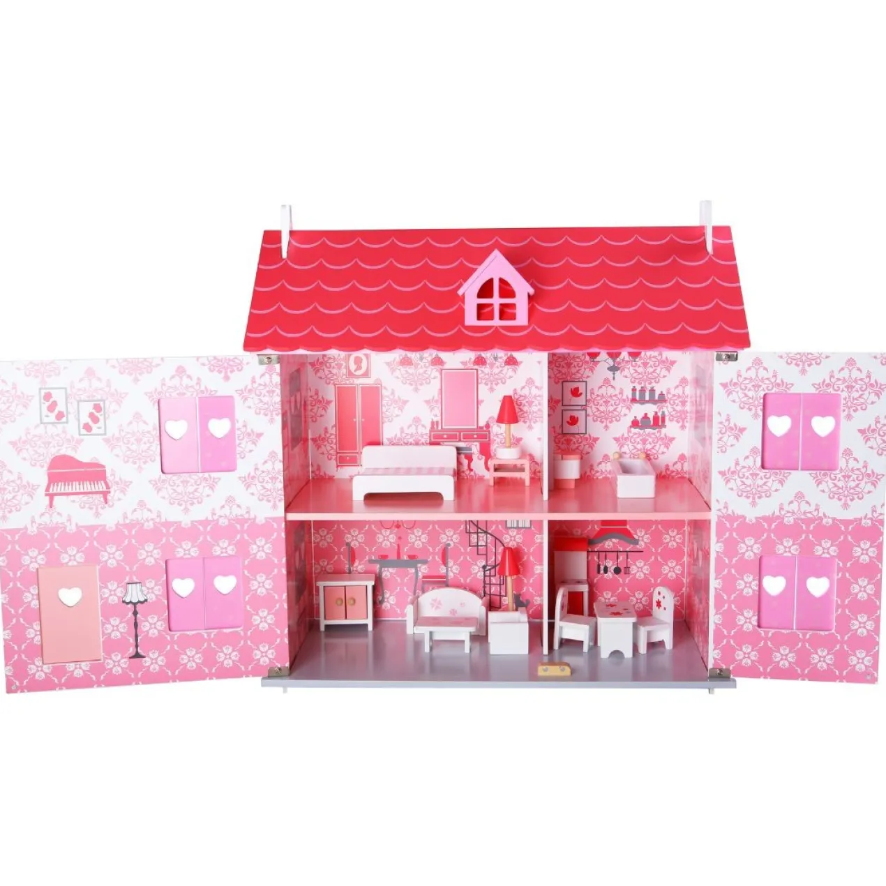 Speelgoed poppenhuis cottage wit/roze inclusief meubels
