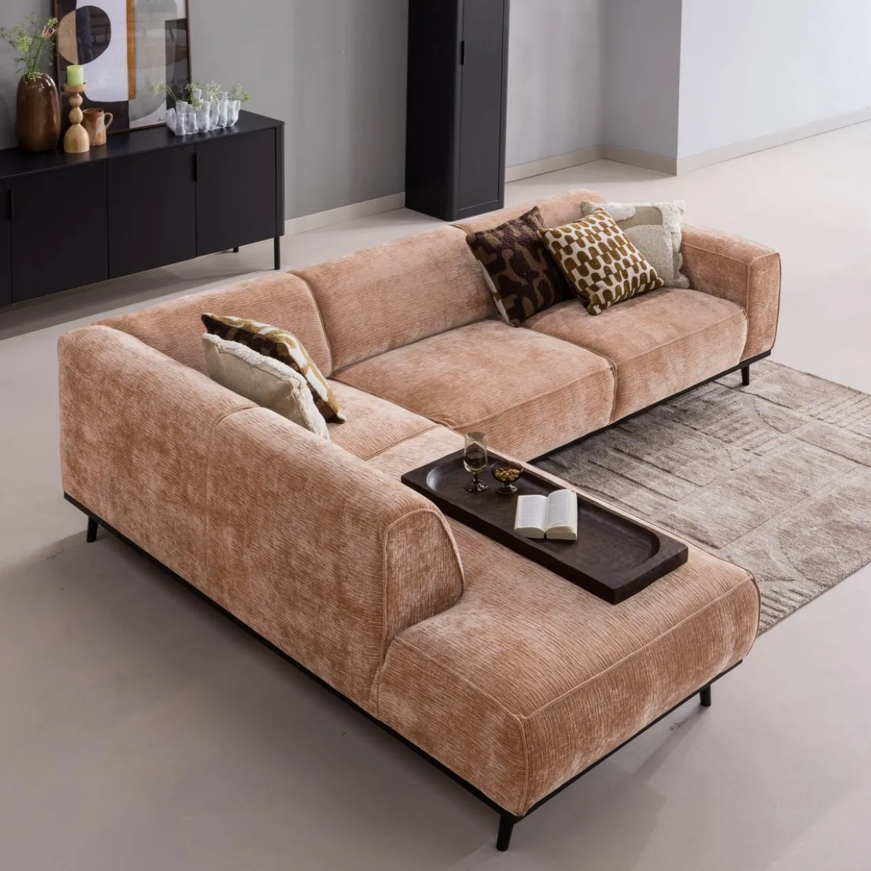 Statement hoekbank links chenille velvet perzikroze