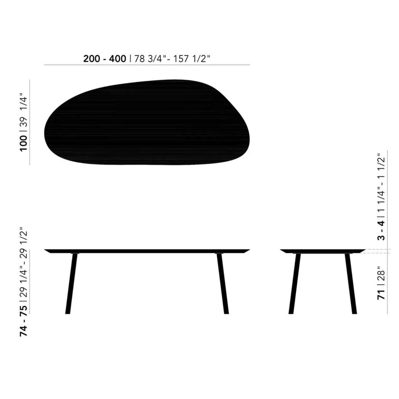 Studio HENK tafel Butterfly Blob - zwart frame, HPL Fenix nero ingo 220 x 100 | HPL Fenix Nero Ingo | Rechte Rand | Frame Zwart