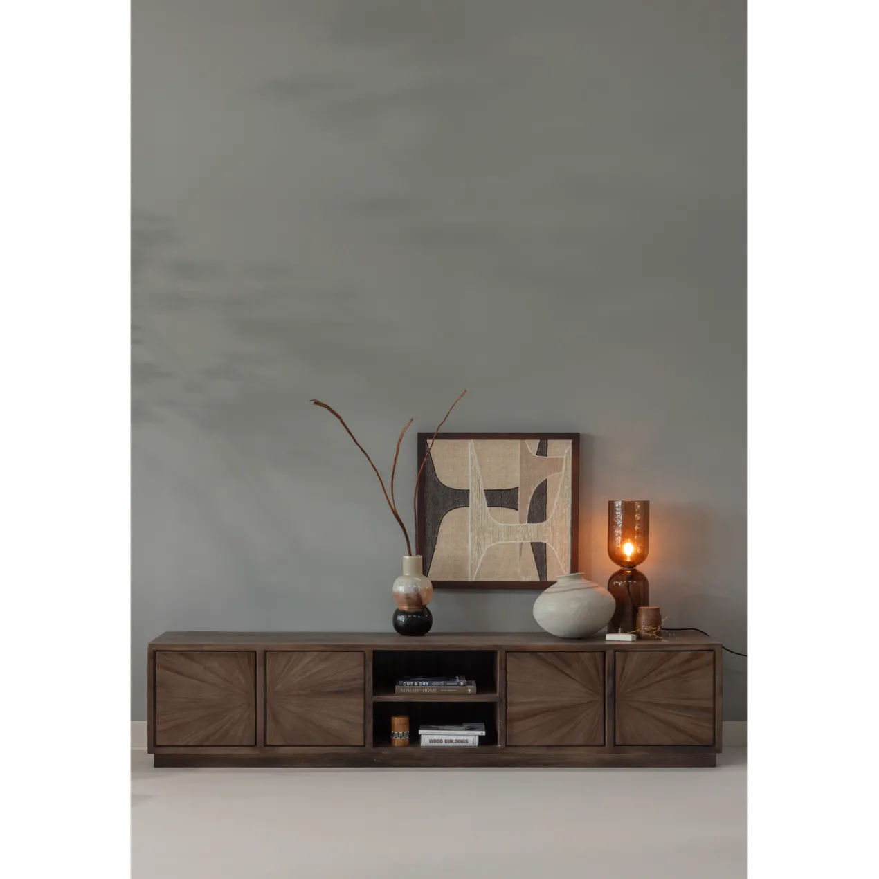 Sun tv meubel met open vak recycled teak bruin