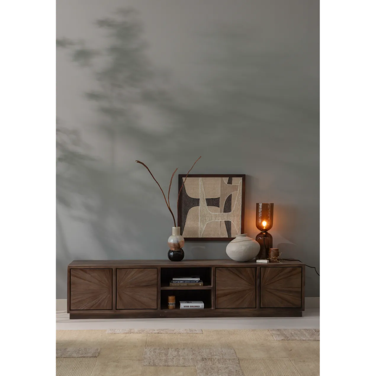 Sun tv meubel met open vak recycled teak bruin
