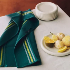 Theedoek Canteen organic green/yellow block stripe