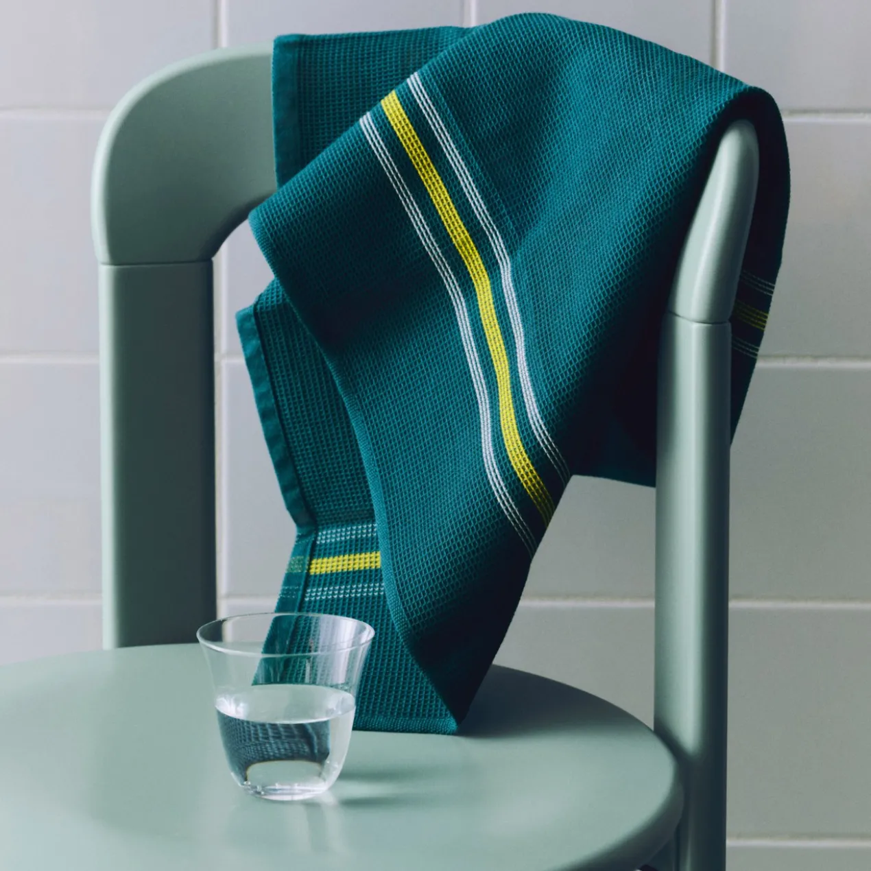 Theedoek Canteen organic green/yellow block stripe