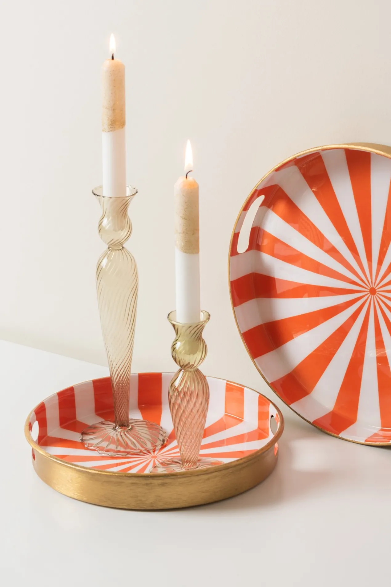 Tray set Candy Swirl enamel bright orange & white, Set of 2pcs