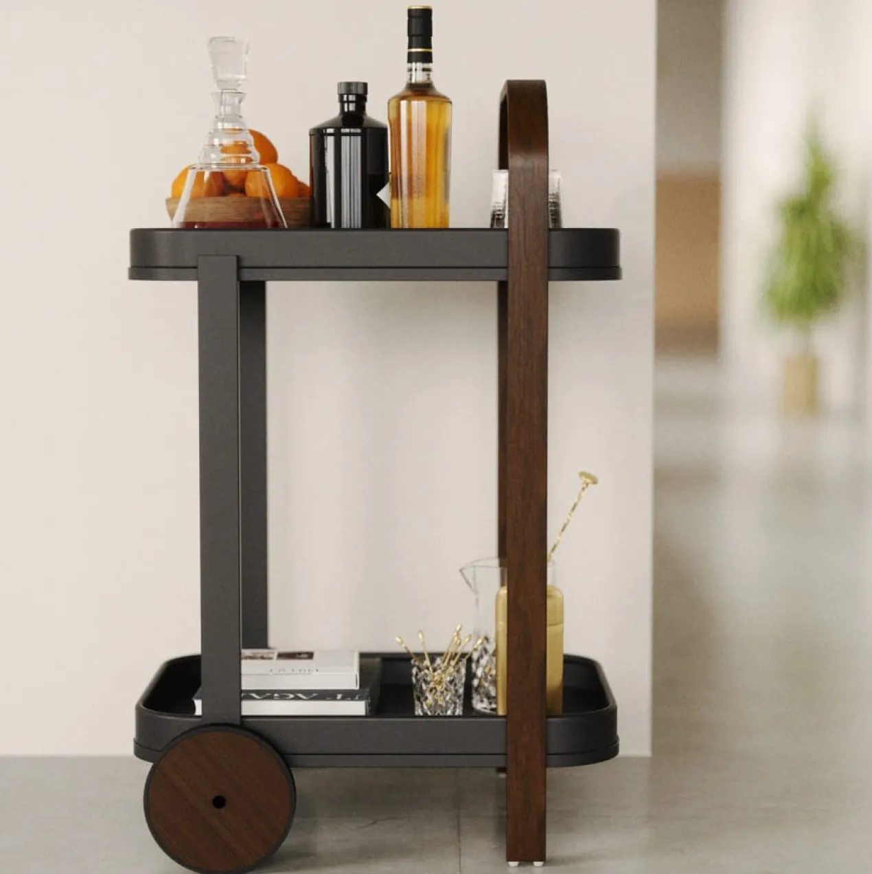 Trolley Bellwood bar en serveerwagen zwart/walnoot