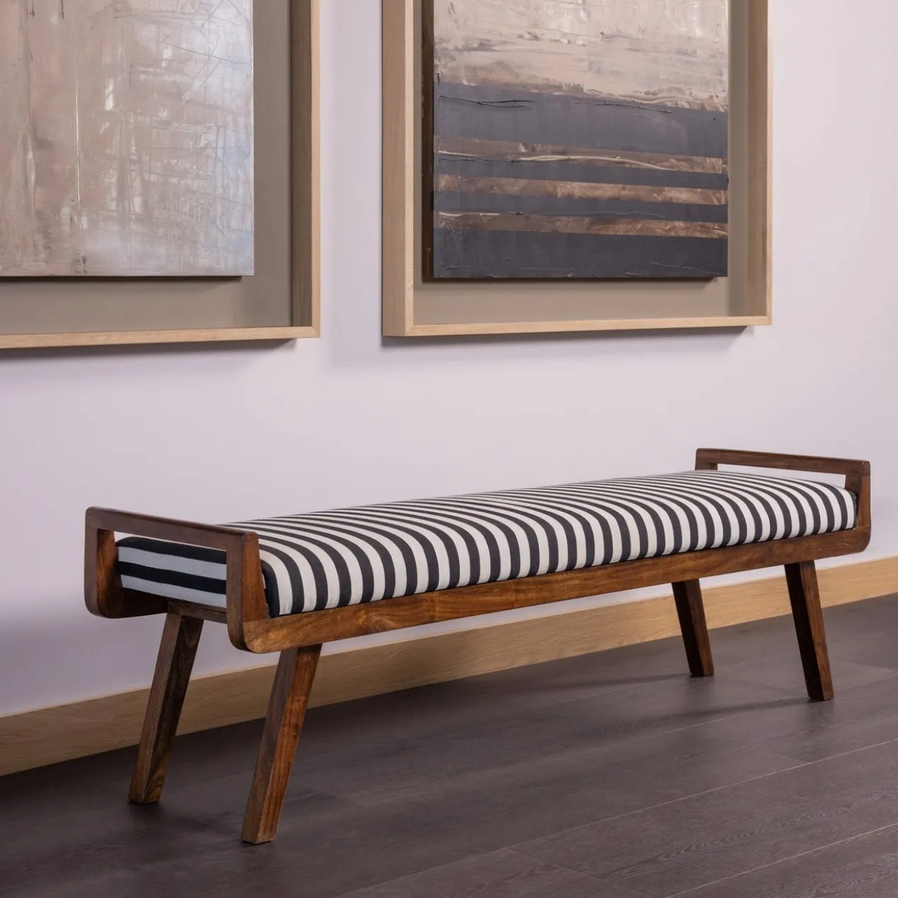 Valo bankje hout bruin met streepstof zwart/wit
